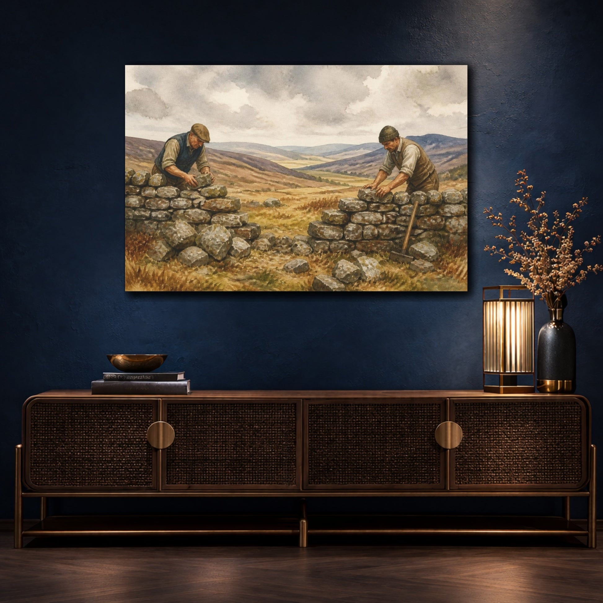 Mockup 4. Rustic Farmers Rebuilding Wall shown as canvas print