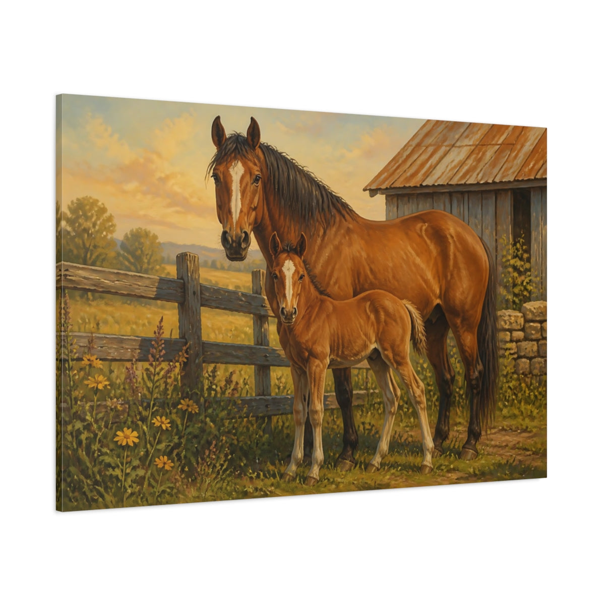 Side Mockup 1. Rustic Farmhouse Realism Brown Horse Beside Fence shown as stretched canvas wall art