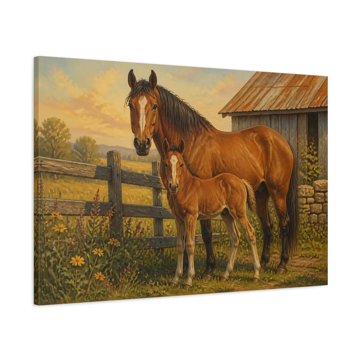 Main Mockup. Rustic Farmhouse Realism Brown Horse Beside Fence shown as stretched canvas wall art