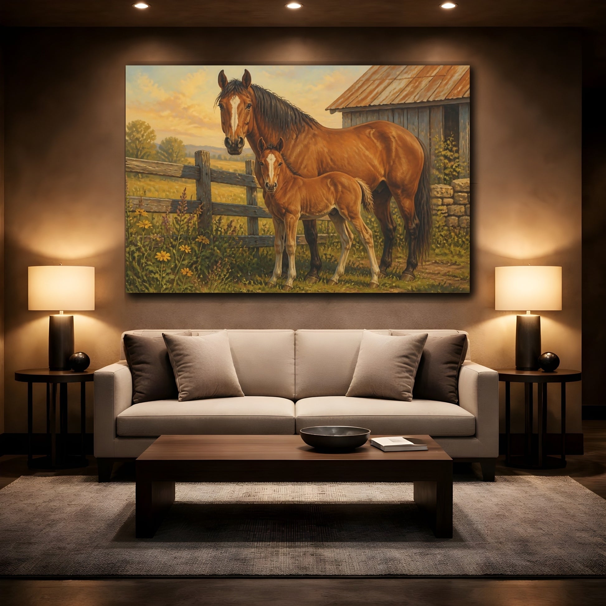 Mockup 2. Rustic Farmhouse Realism Brown Horse Beside Fence shown as stretched canvas wall art