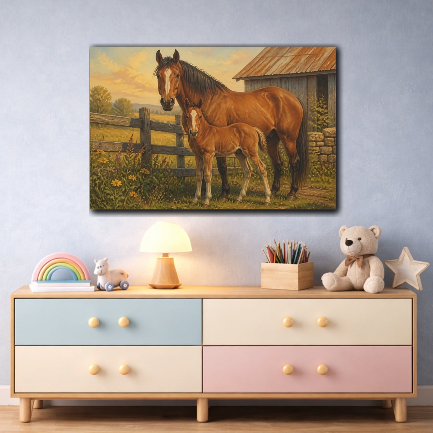 Mockup 3. Rustic Farmhouse Realism Brown Horse Beside Fence shown as stretched canvas wall art