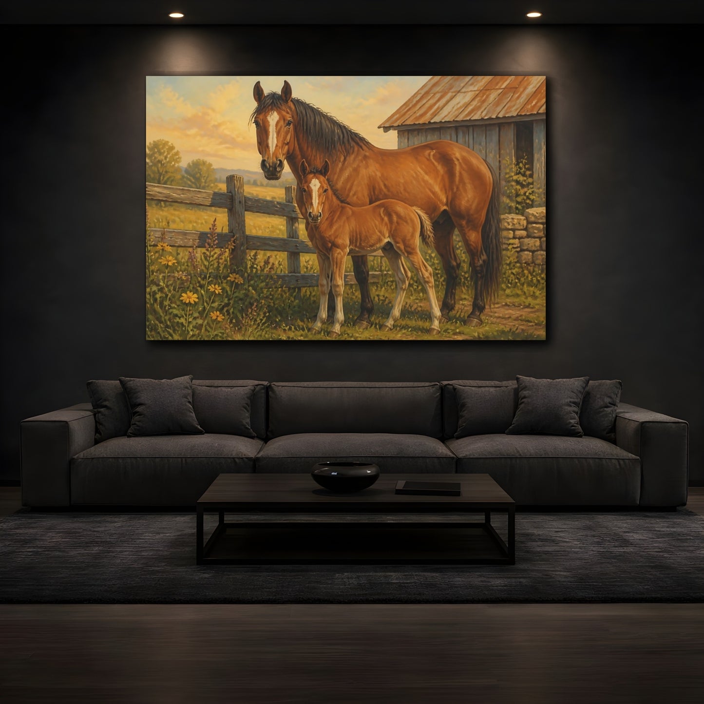 Mockup 4. Rustic Farmhouse Realism Brown Horse Beside Fence shown as stretched canvas wall art