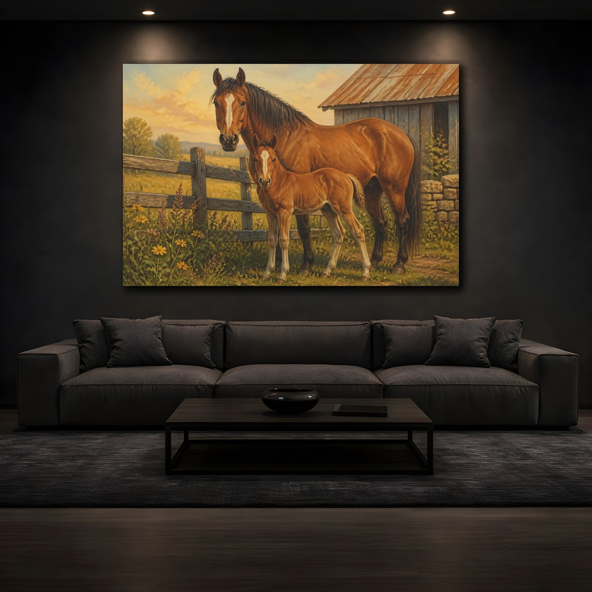 Mockup 4. Rustic Farmhouse Realism Brown Horse Beside Fence shown as stretched canvas wall art