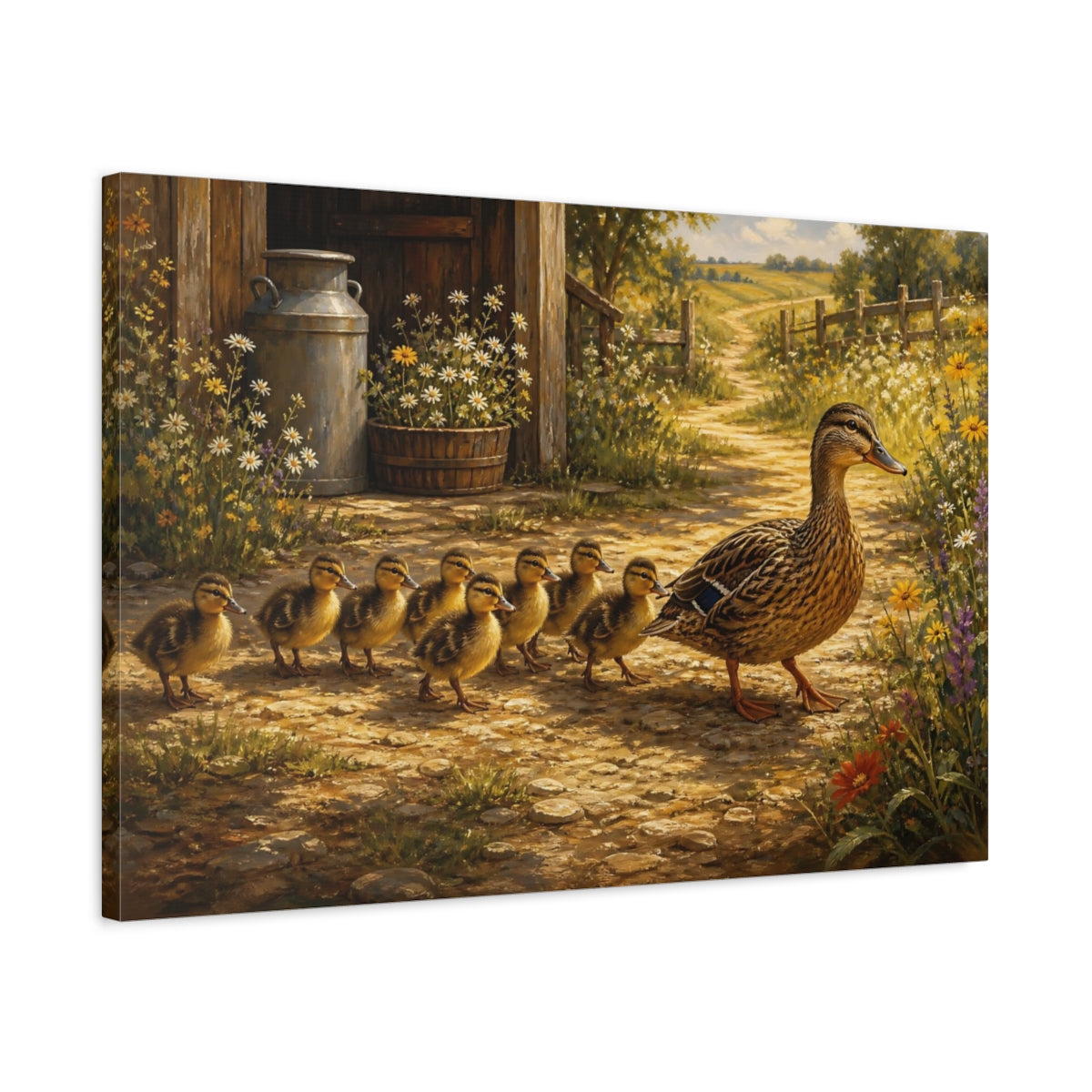 Side Mockup 2. Rustic Farmhouse Realism Ducklings Following Mother Duck shown as stretched canvas wall art