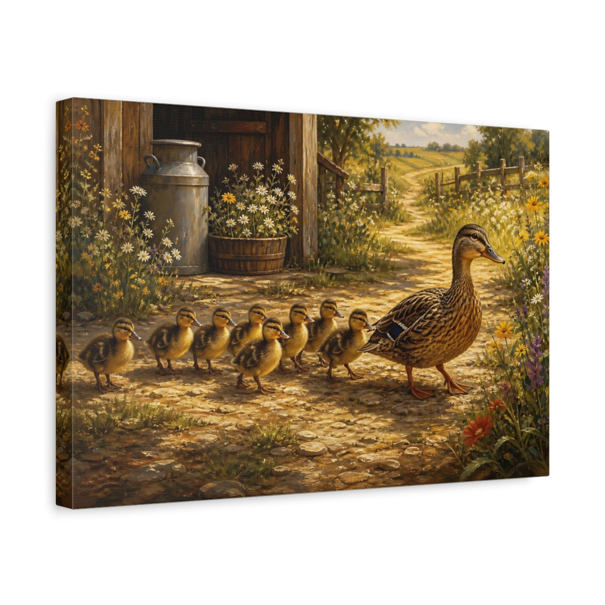 Side Mockup 4. Rustic Farmhouse Realism Ducklings Following Mother Duck shown as stretched canvas wall art