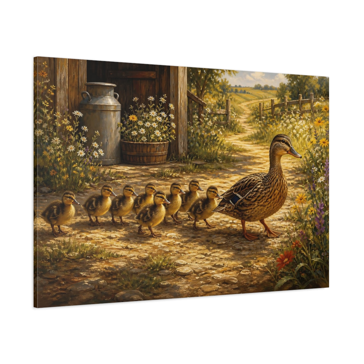Side Mockup 1. Rustic Farmhouse Realism Ducklings Following Mother Duck shown as stretched canvas wall art