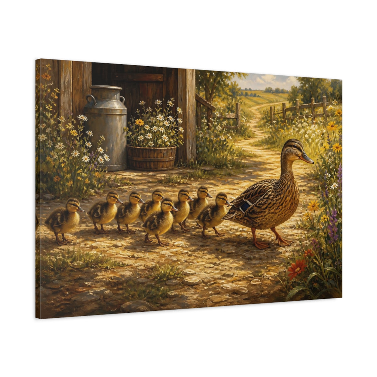 Main Mockup. Rustic Farmhouse Realism Ducklings Following Mother Duck shown as stretched canvas wall art
