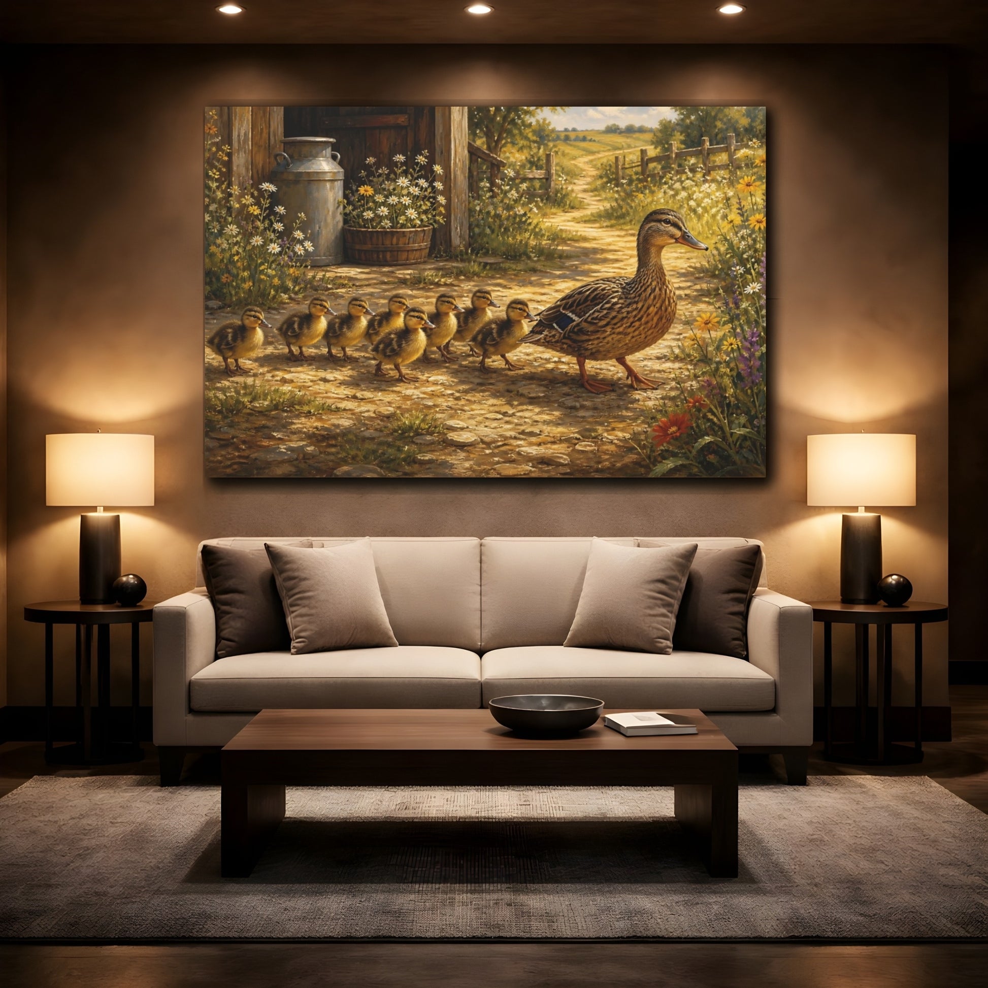 Mockup 2. Rustic Farmhouse Realism Ducklings Following Mother Duck shown as stretched canvas wall art