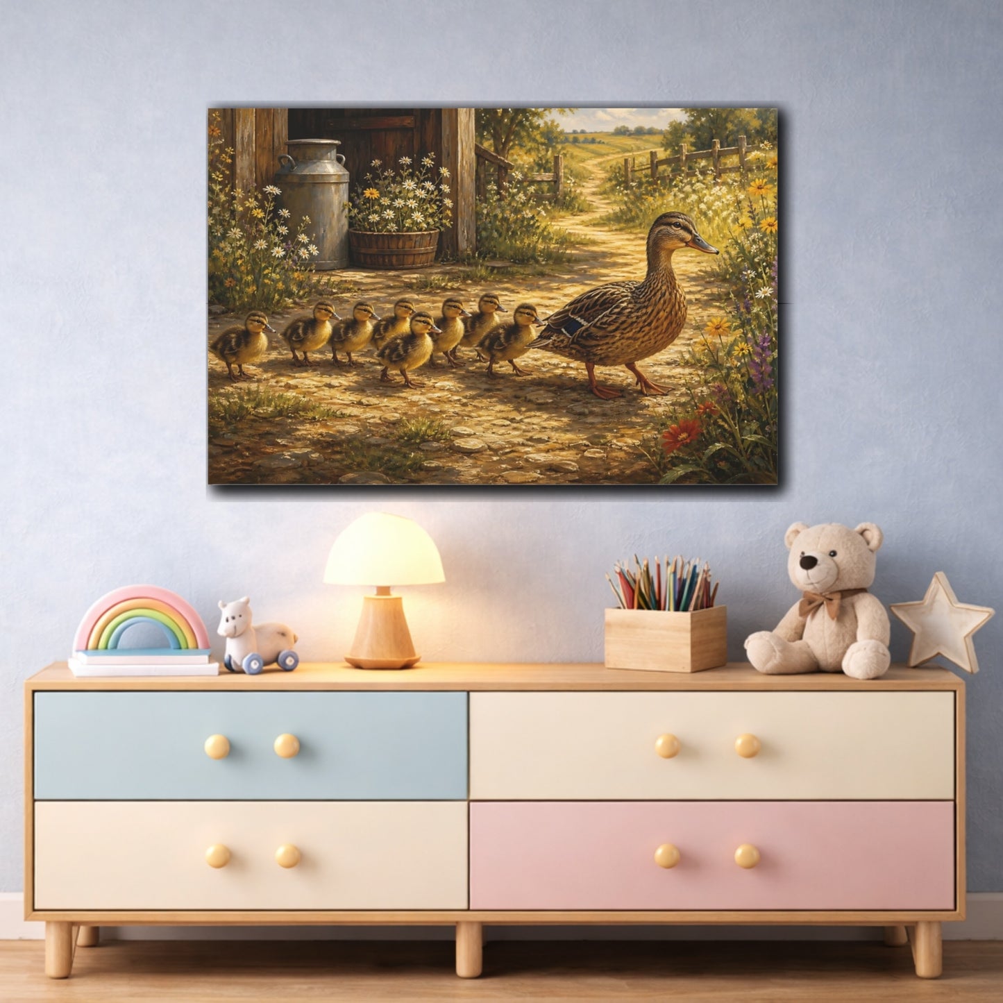 Mockup 3. Rustic Farmhouse Realism Ducklings Following Mother Duck shown as stretched canvas wall art