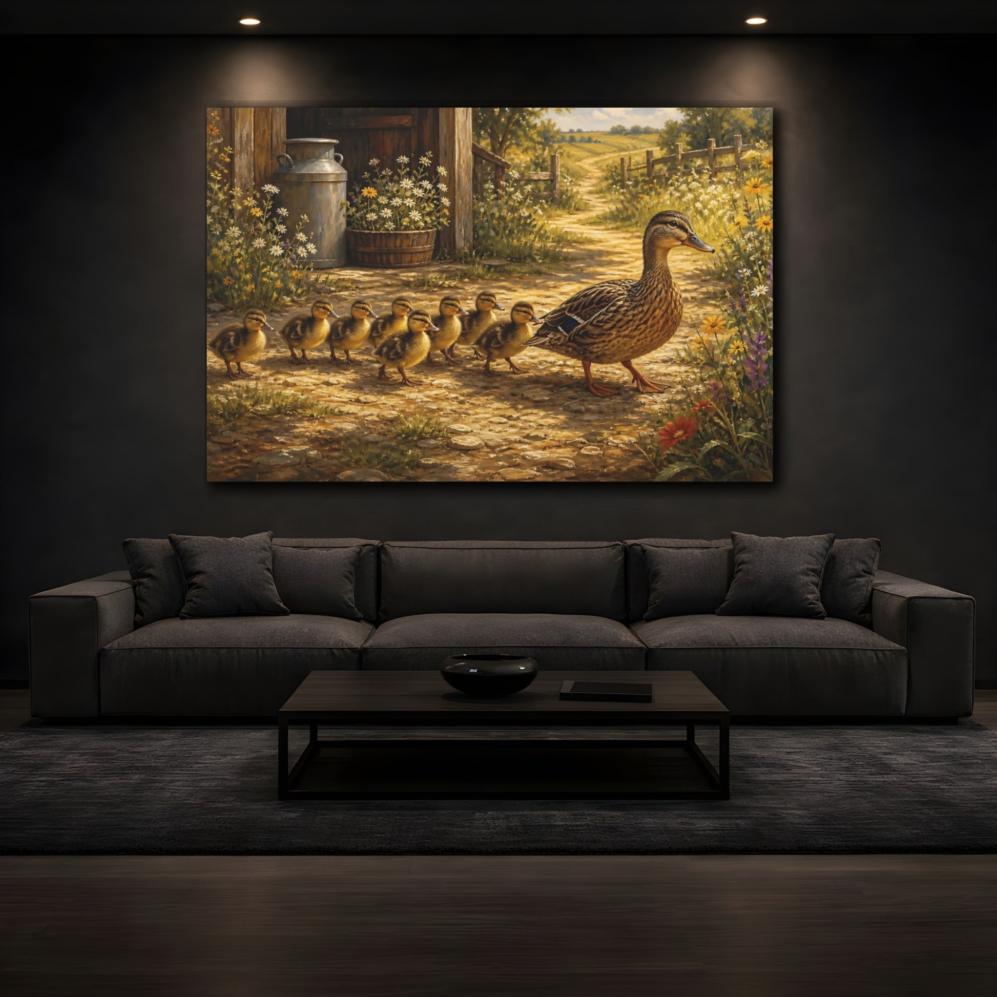 Mockup 4. Rustic Farmhouse Realism Ducklings Following Mother Duck shown as stretched canvas wall art