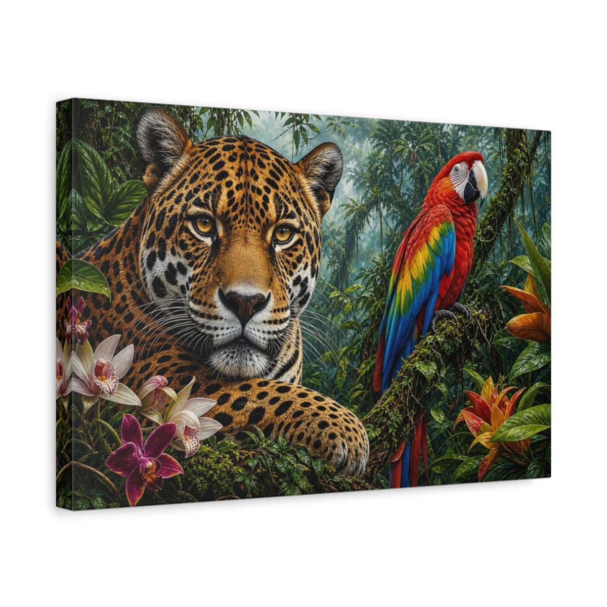 Side Mockup 4. Rustic Farmhouse Realism Jaguar And Macaw In Rainforest Mist shown as stretched canvas wall art