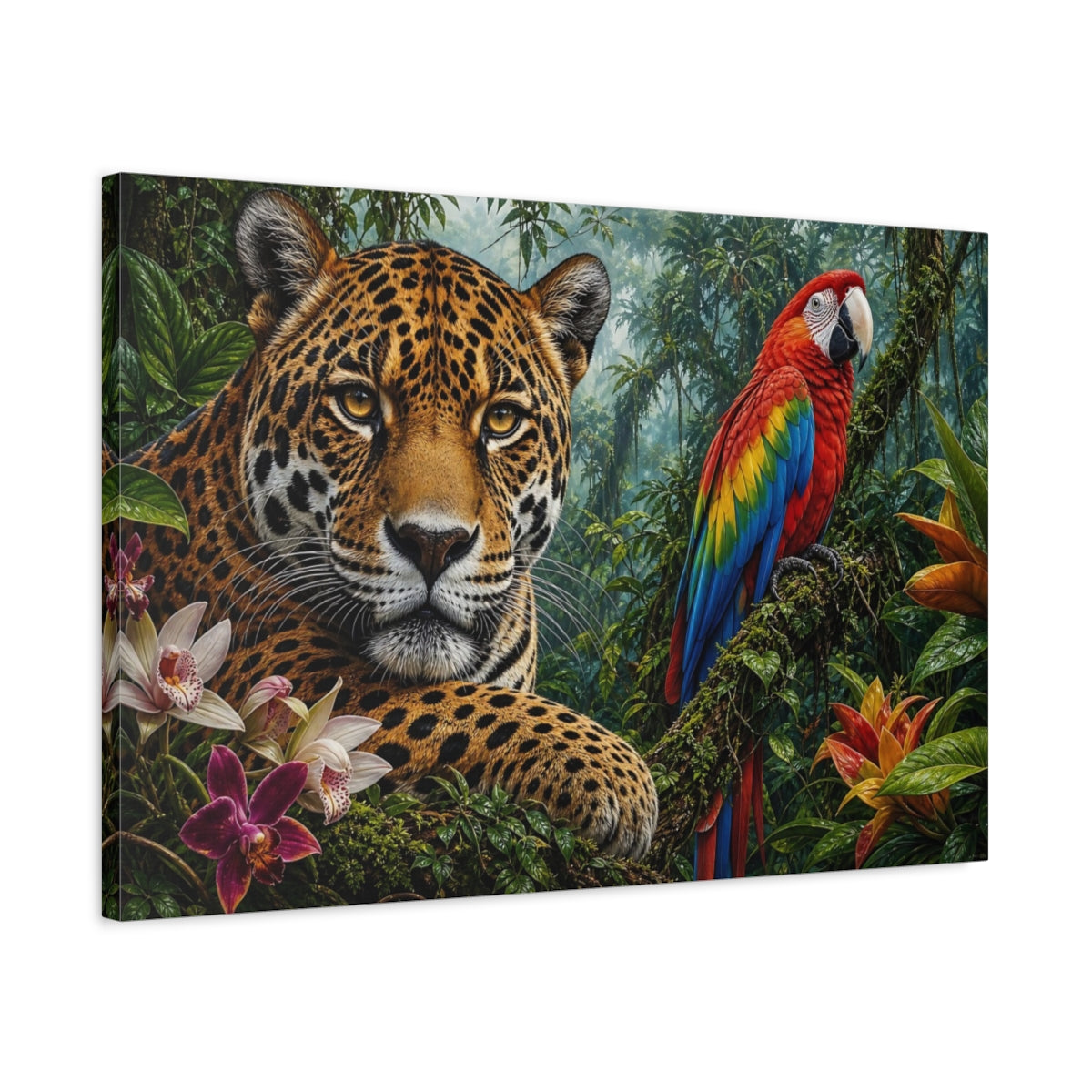 Side Mockup 2. Rustic Farmhouse Realism Jaguar And Macaw In Rainforest Mist shown as stretched canvas wall art
