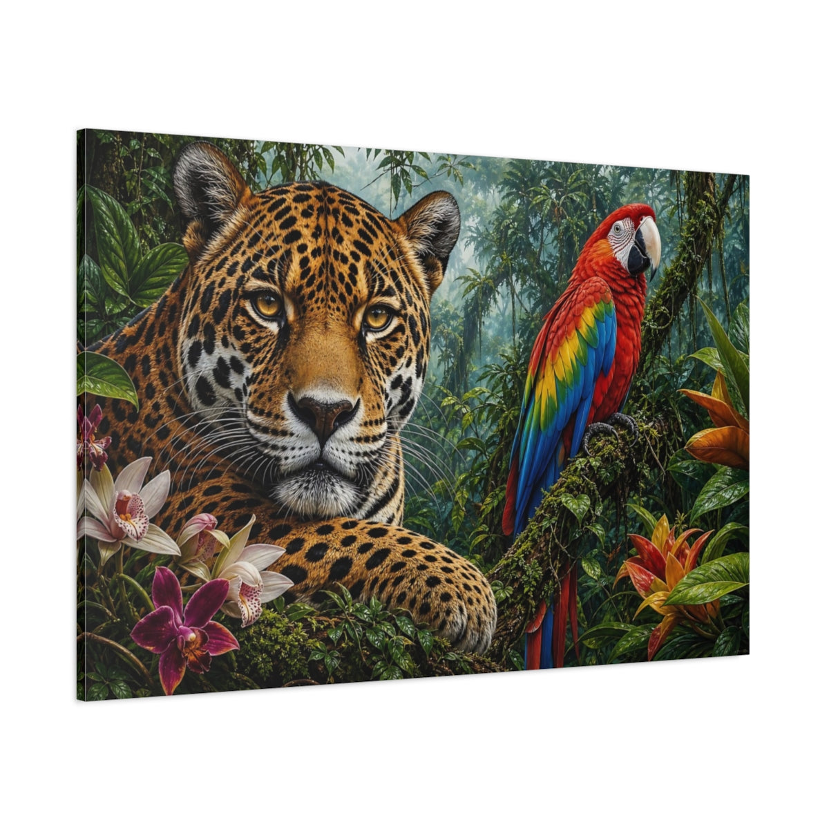 Side Mockup 1. Rustic Farmhouse Realism Jaguar And Macaw In Rainforest Mist shown as stretched canvas wall art