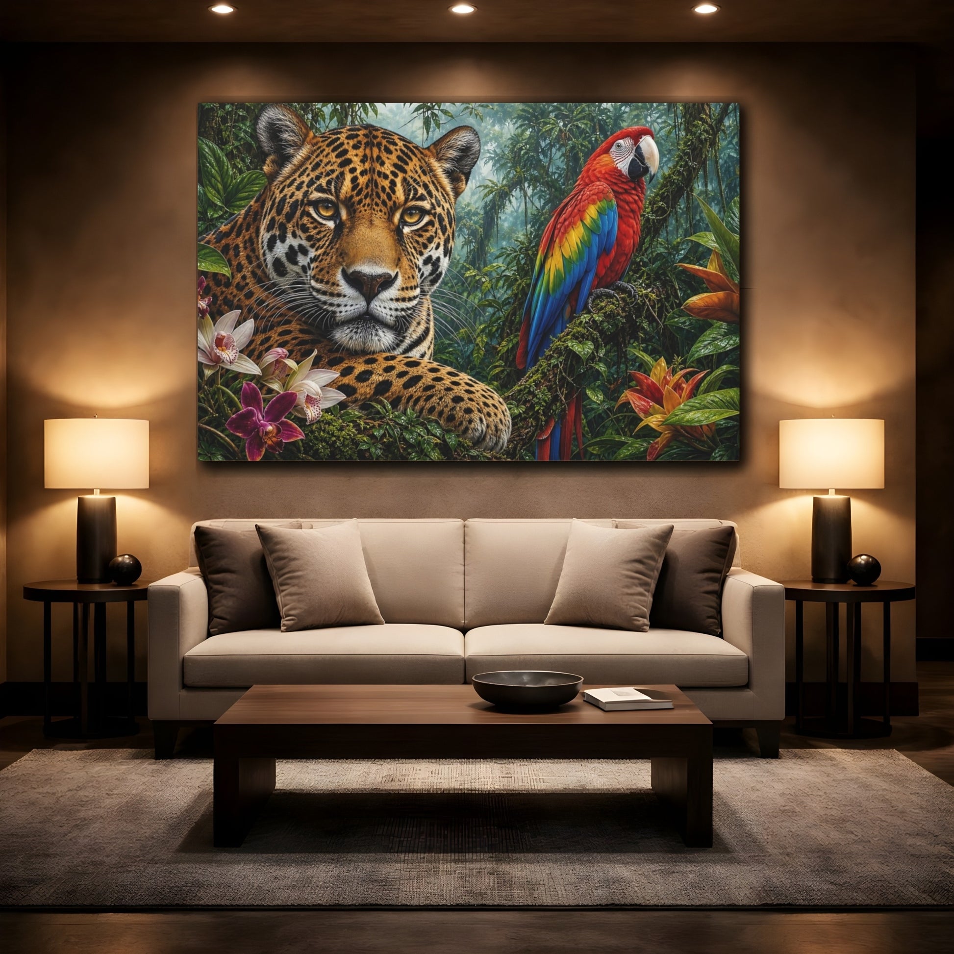 Mockup 2. Rustic Farmhouse Realism Jaguar And Macaw In Rainforest Mist shown as stretched canvas wall art