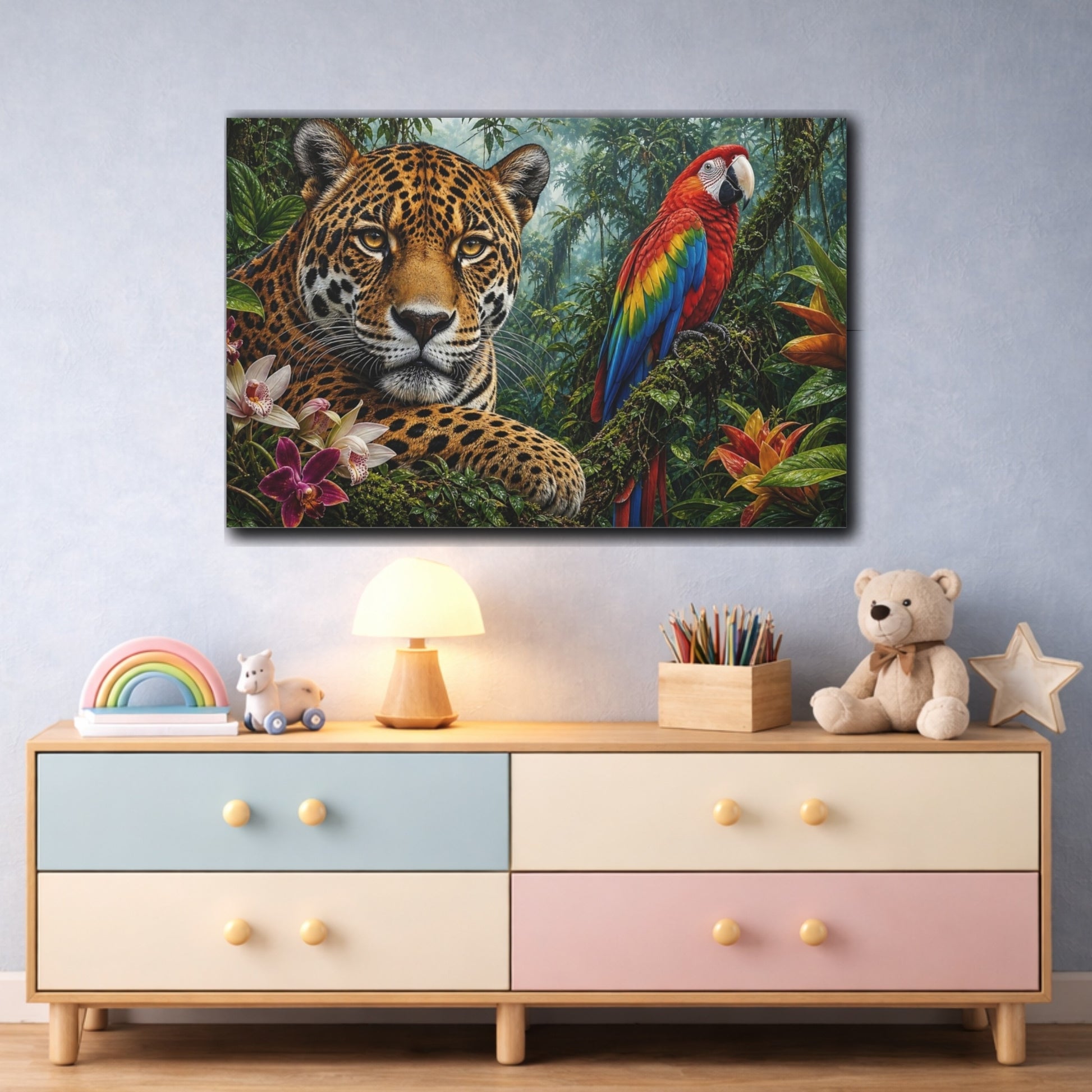 Mockup 3. Rustic Farmhouse Realism Jaguar And Macaw In Rainforest Mist shown as stretched canvas wall art