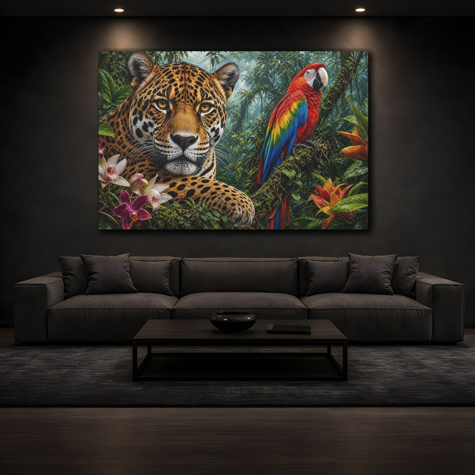 Mockup 4. Rustic Farmhouse Realism Jaguar And Macaw In Rainforest Mist shown as stretched canvas wall art