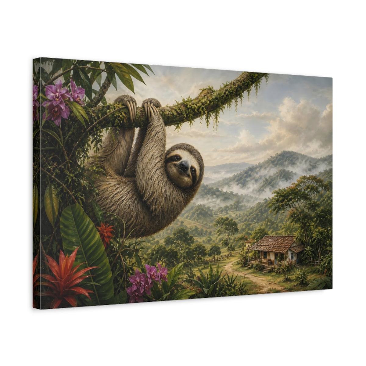 Side Mockup 3. Rustic Farmhouse Realism Sloth Hanging From Mossy Branch shown as stretched canvas wall art
