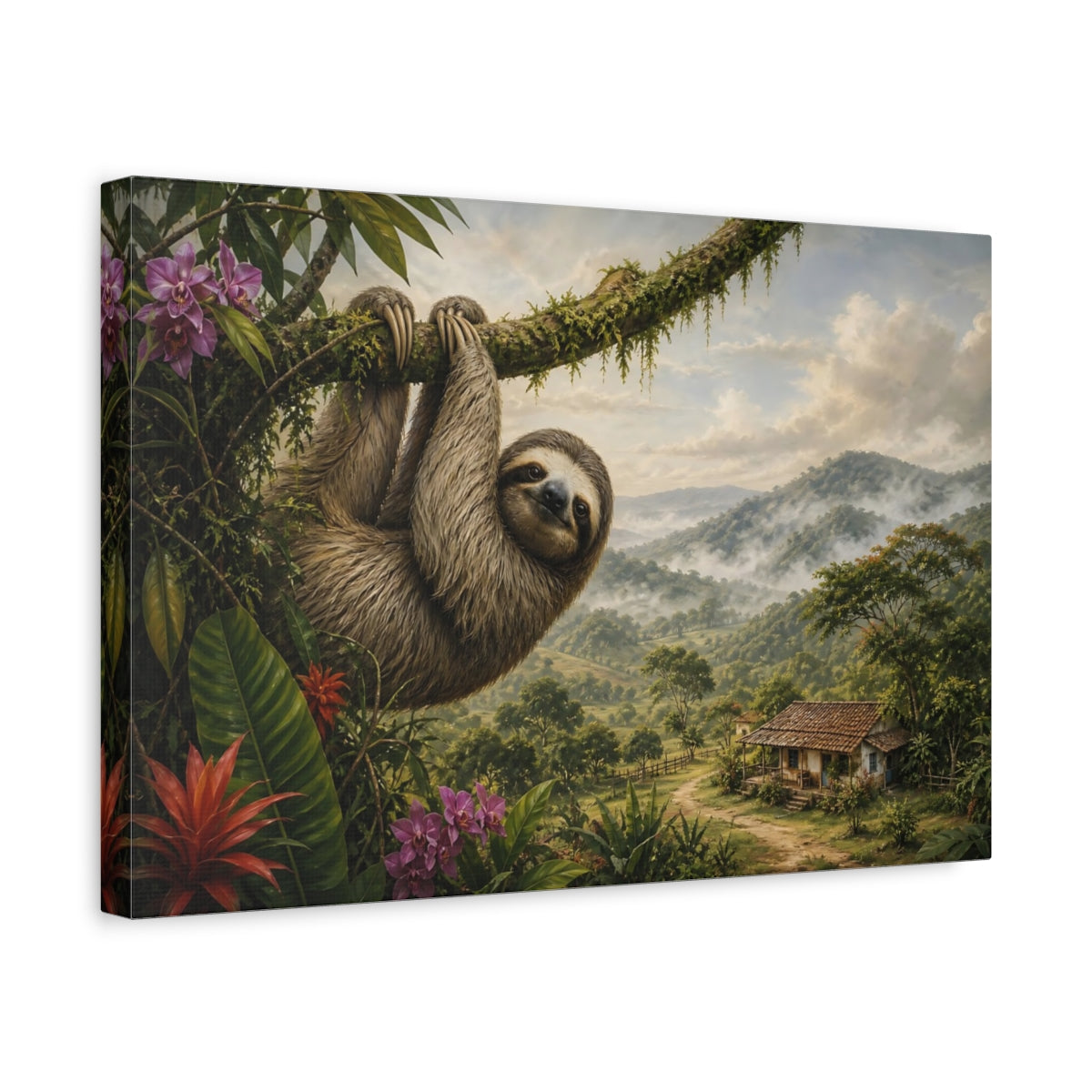 Side Mockup 4. Rustic Farmhouse Realism Sloth Hanging From Mossy Branch shown as stretched canvas wall art