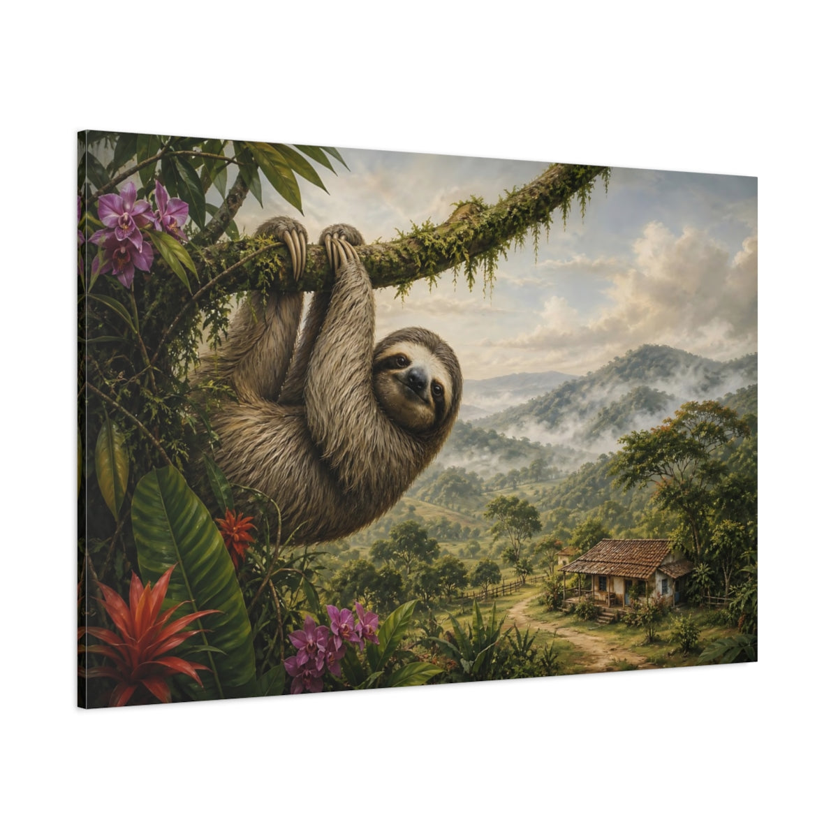Side Mockup 1. Rustic Farmhouse Realism Sloth Hanging From Mossy Branch shown as stretched canvas wall art