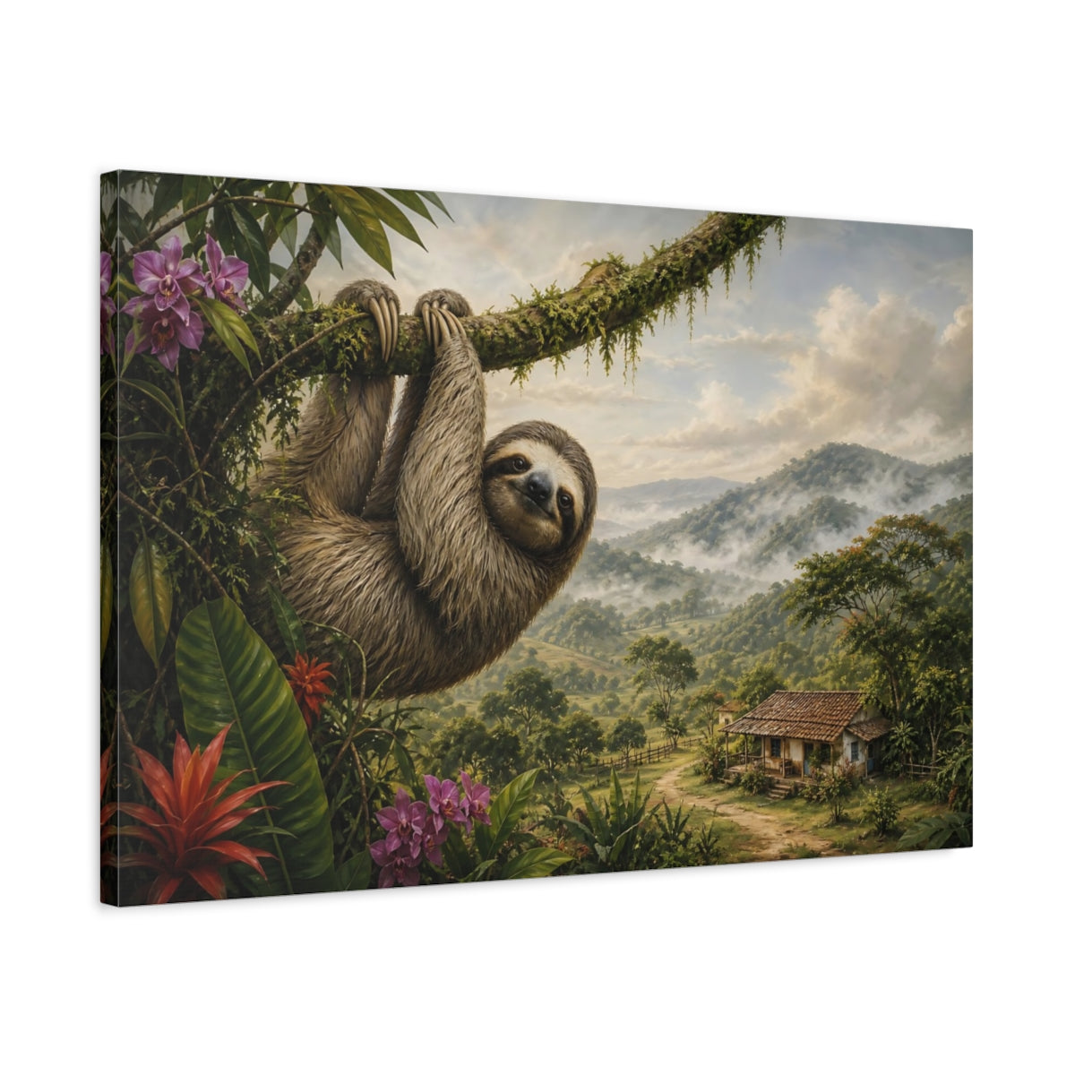 Side Mockup 2. Rustic Farmhouse Realism Sloth Hanging From Mossy Branch shown as stretched canvas wall art