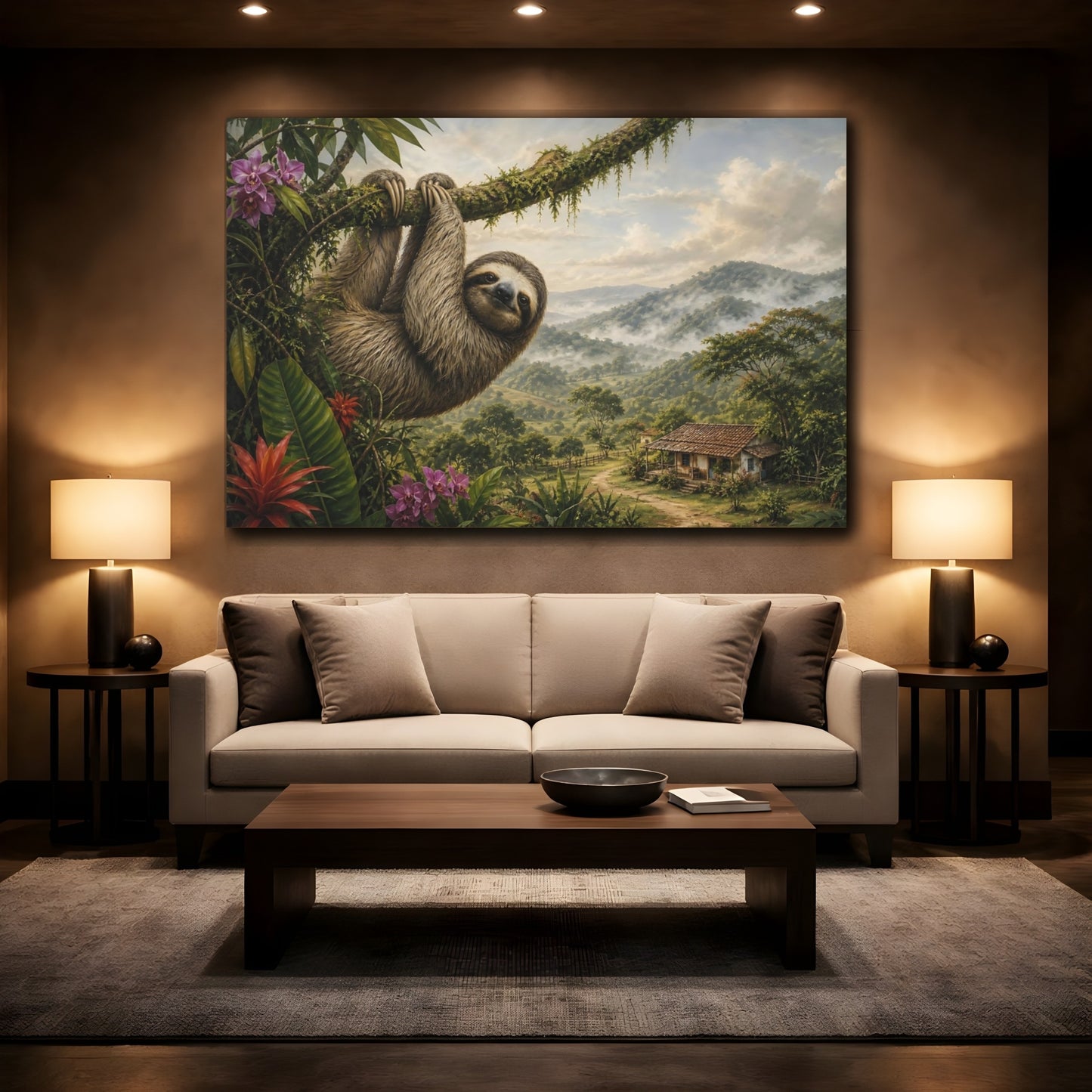 Mockup 2. Rustic Farmhouse Realism Sloth Hanging From Mossy Branch shown as stretched canvas wall art