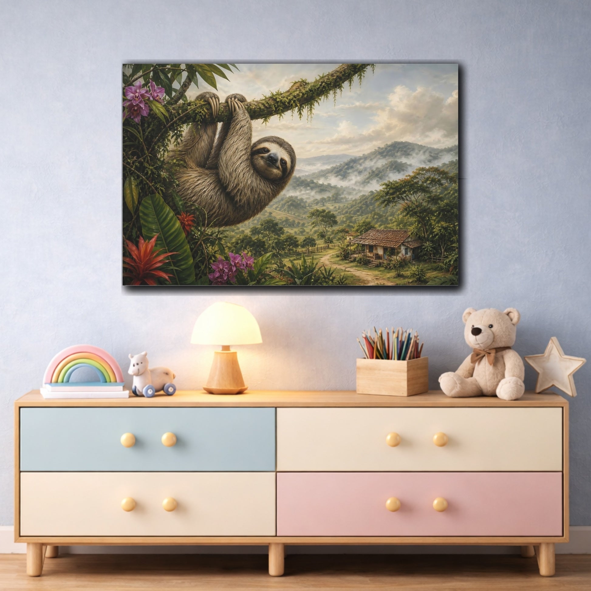 Mockup 3. Rustic Farmhouse Realism Sloth Hanging From Mossy Branch shown as stretched canvas wall art
