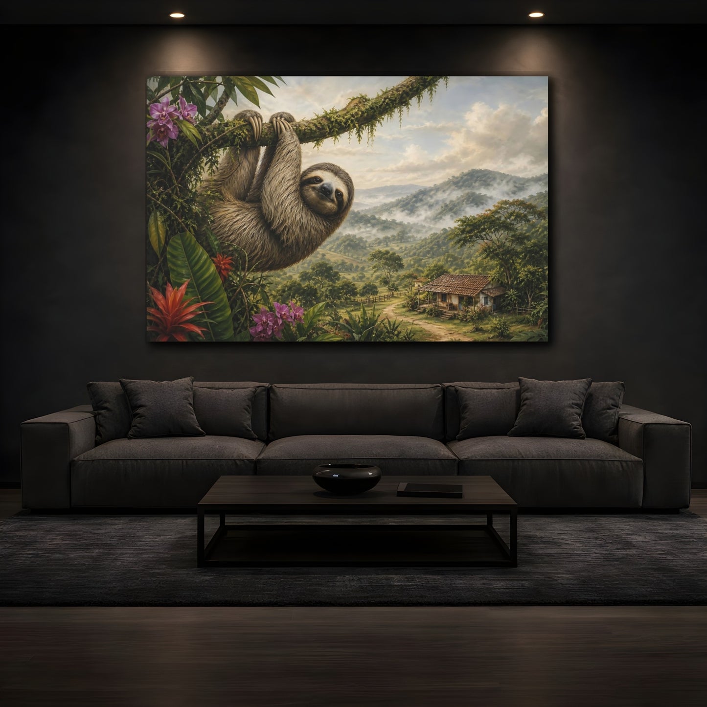 Mockup 4. Rustic Farmhouse Realism Sloth Hanging From Mossy Branch shown as stretched canvas wall art