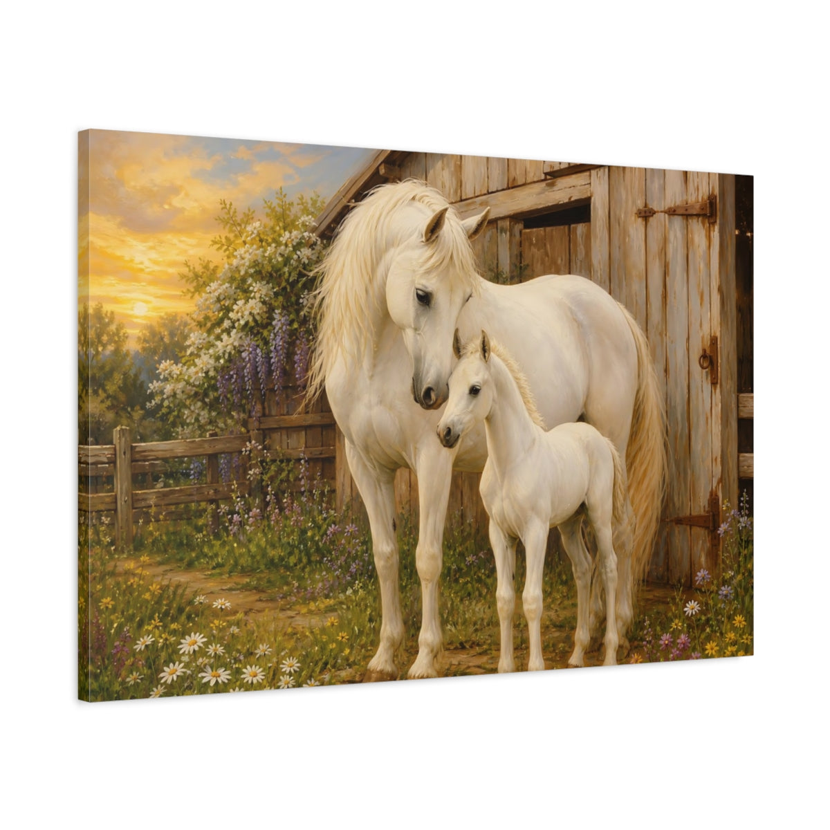 Main Mockup. Rustic Farmhouse Realism White Horse Beside Barn shown as stretched canvas wall art