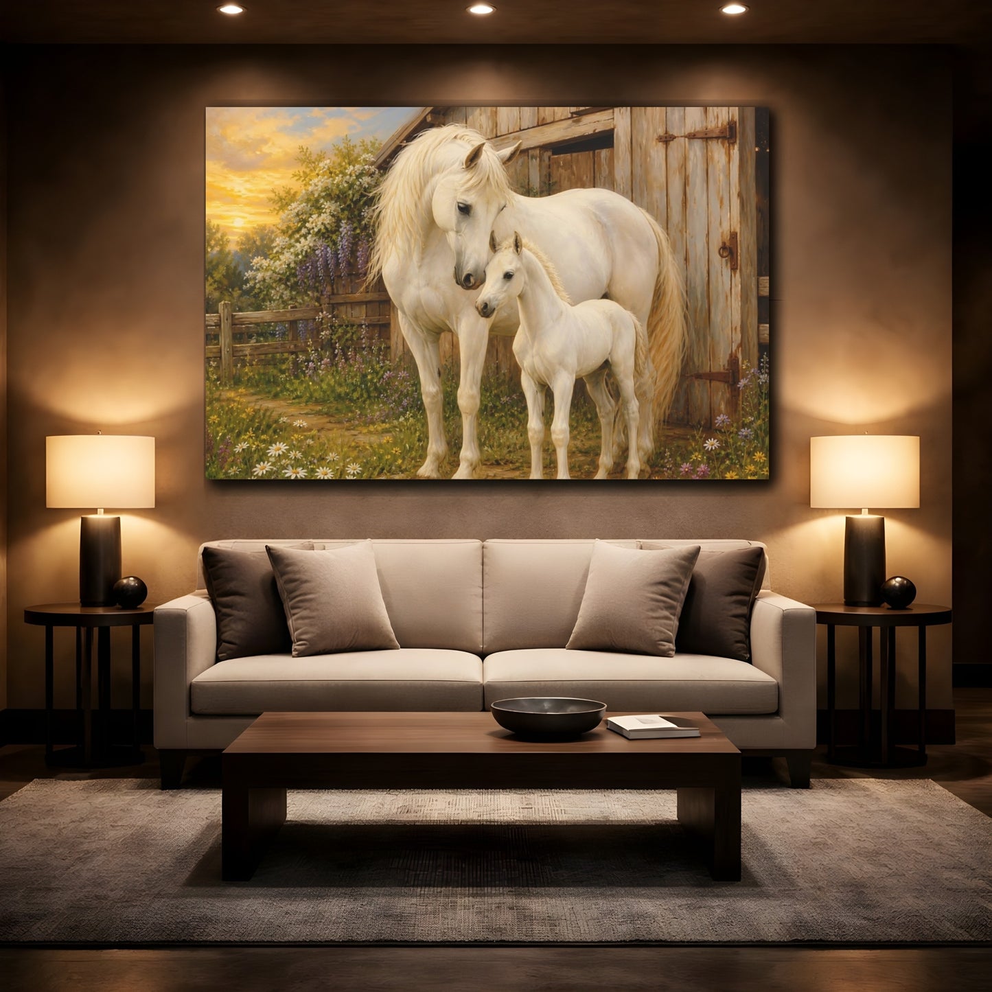 Mockup 2. Rustic Farmhouse Realism White Horse Beside Barn shown as stretched canvas wall art