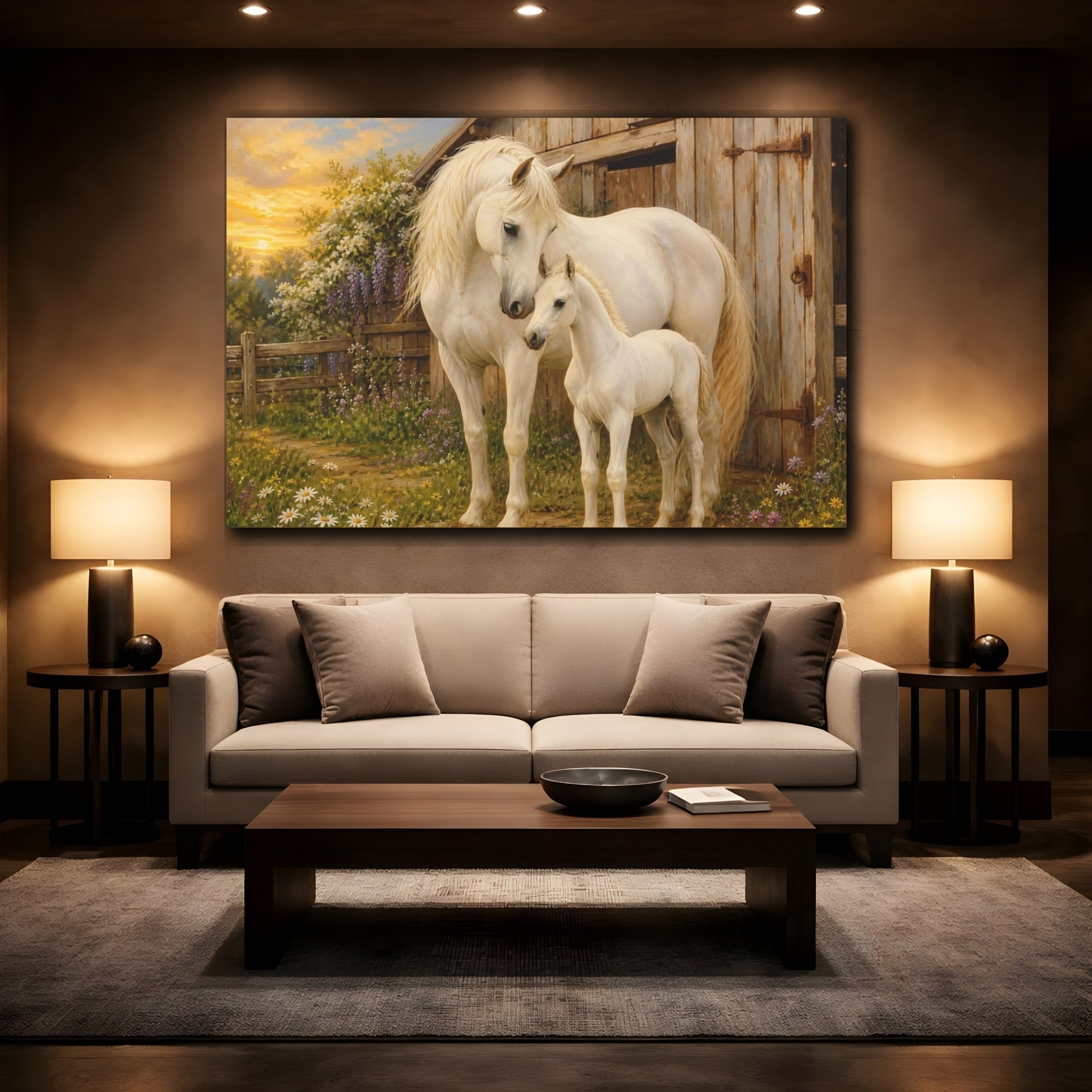 Mockup 2. Rustic Farmhouse Realism White Horse Beside Barn shown as stretched canvas wall art