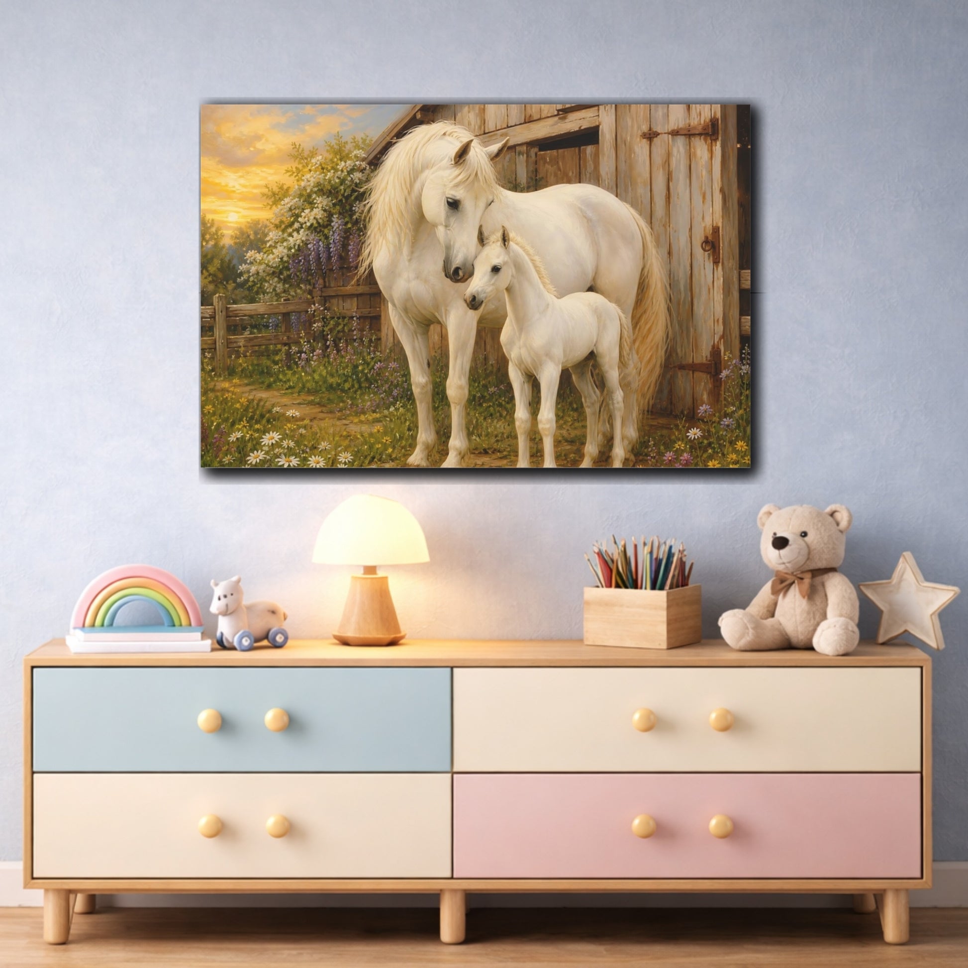 Mockup 3. Rustic Farmhouse Realism White Horse Beside Barn shown as stretched canvas wall art