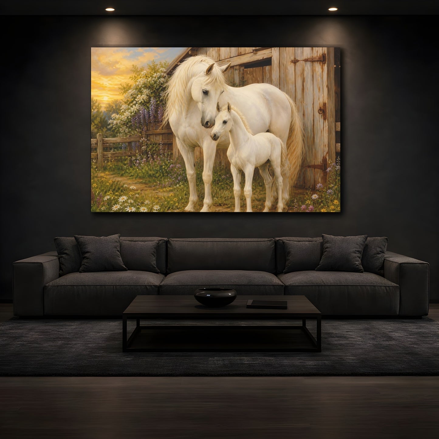 Mockup 4. Rustic Farmhouse Realism White Horse Beside Barn shown as stretched canvas wall art