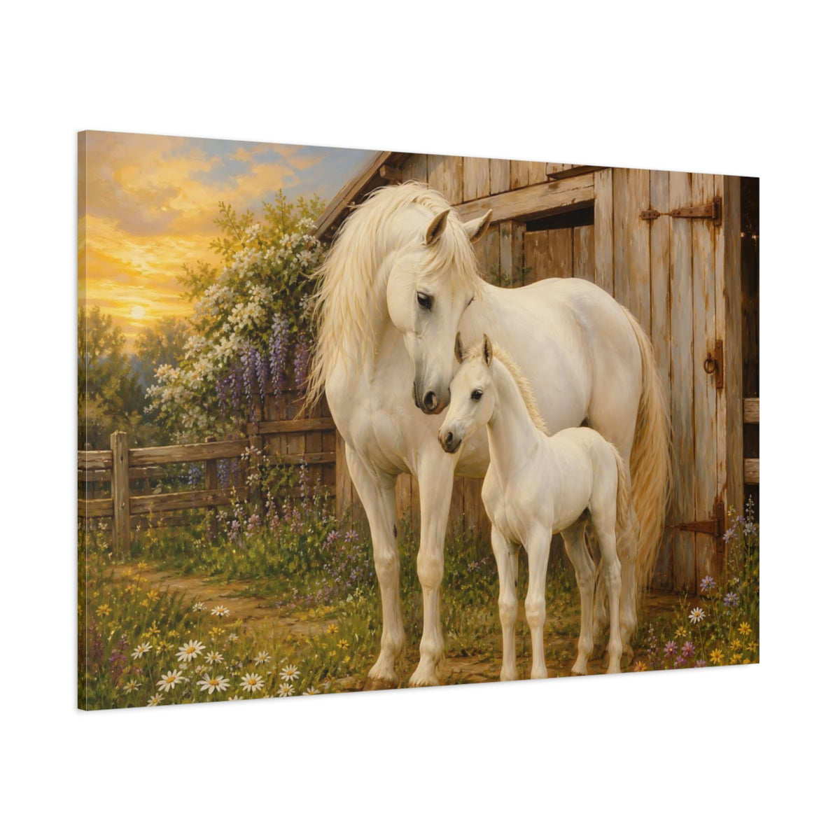 Side Mockup 1. Rustic Farmhouse Realism White Horse Beside Barn shown as stretched canvas wall art