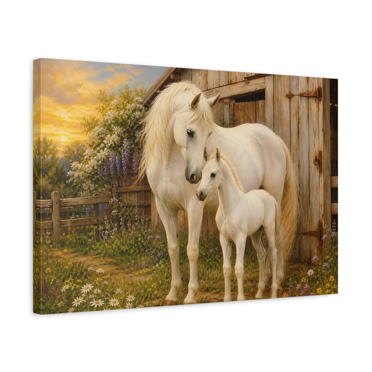 Side Mockup 3. Rustic Farmhouse Realism White Horse Beside Barn shown as stretched canvas wall art