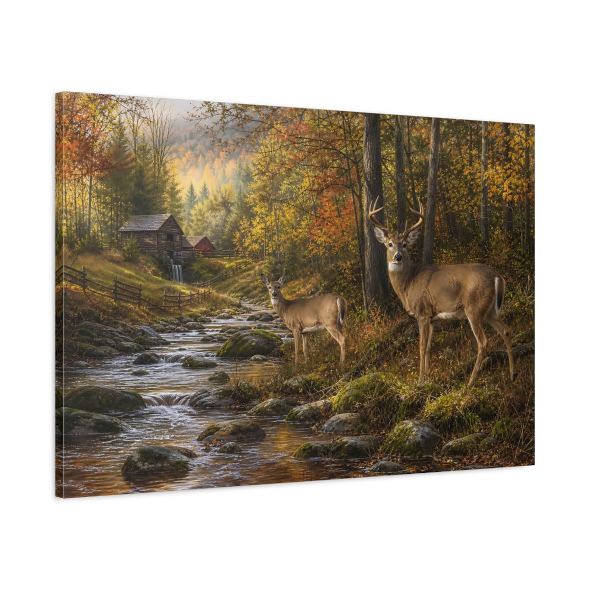 Main Mockup. Rustic Farmhouse Realism White-Tailed Deer Near Forest Stream shown as stretched canvas wall art