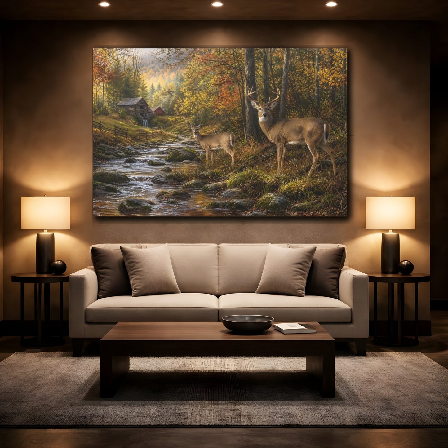 Mockup 2. Rustic Farmhouse Realism White-Tailed Deer Near Forest Stream shown as stretched canvas wall art