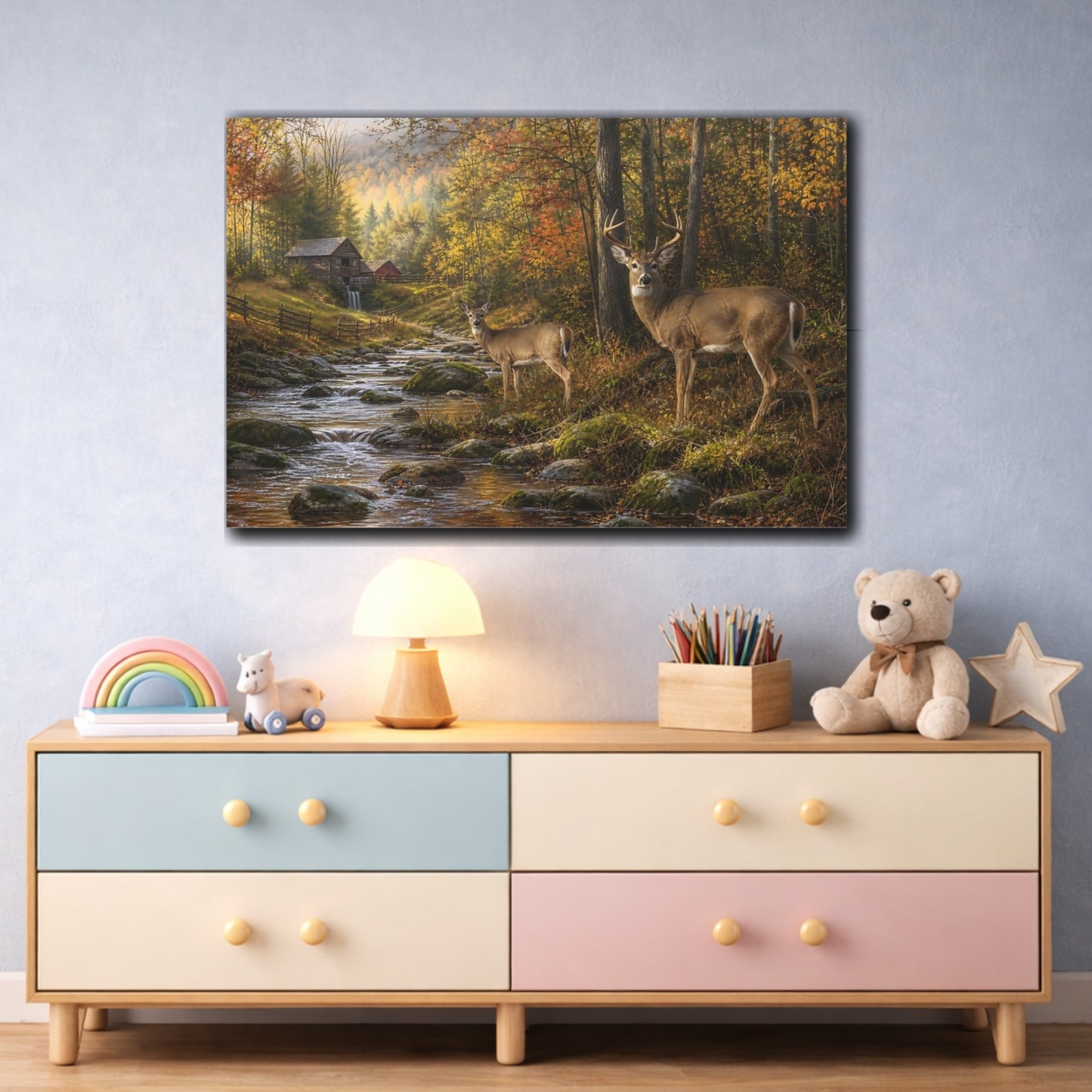 Mockup 3. Rustic Farmhouse Realism White-Tailed Deer Near Forest Stream shown as stretched canvas wall art