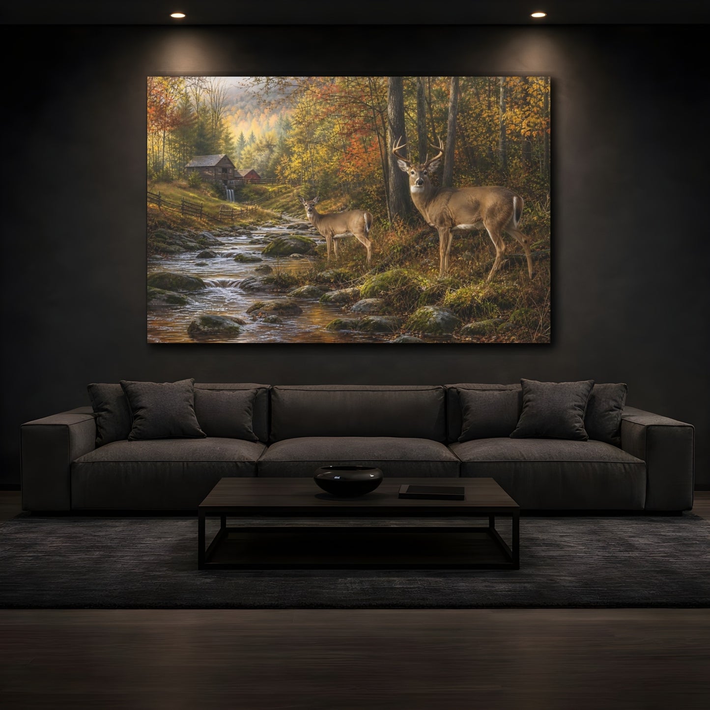 Mockup 4. Rustic Farmhouse Realism White-Tailed Deer Near Forest Stream shown as stretched canvas wall art