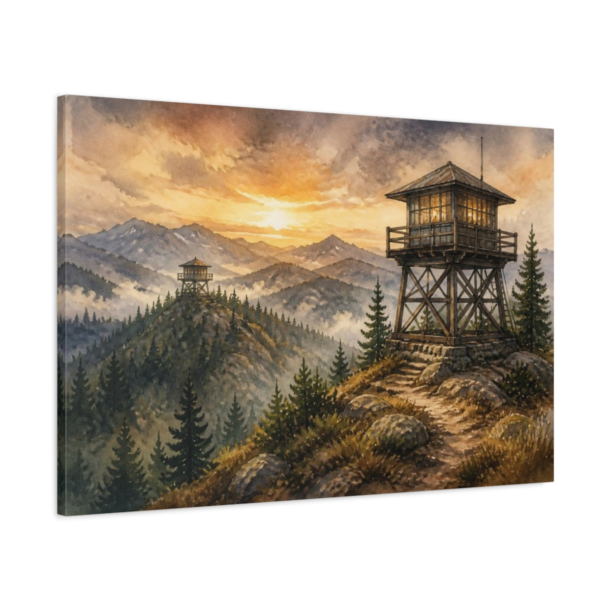 Main Mockup. Rustic Fire Lookout At Sunrise shown as canvas print