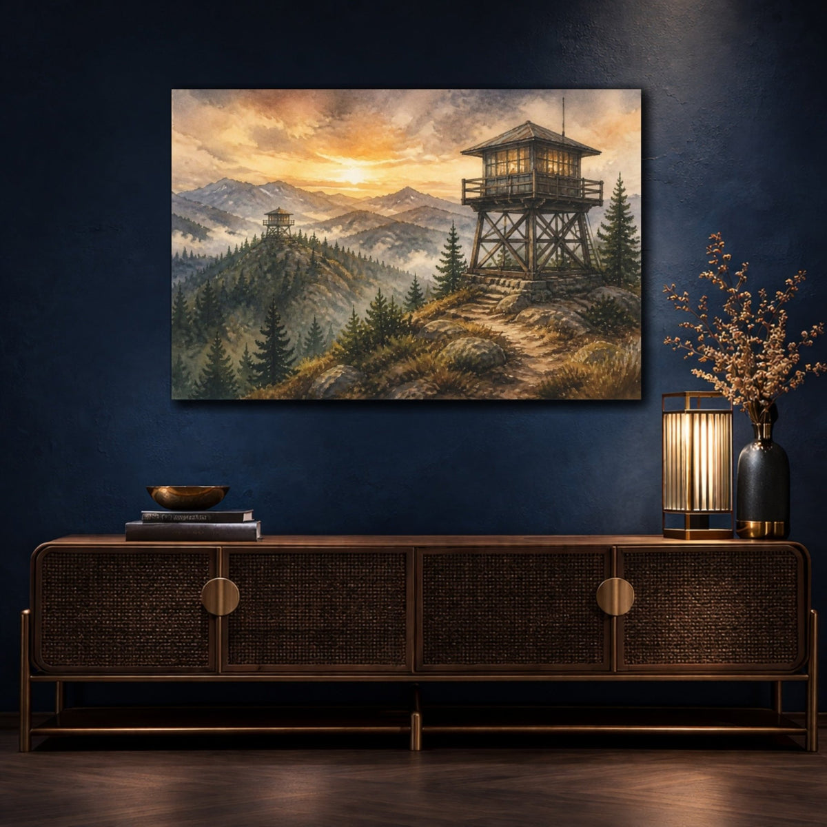 Rustic Fire Lookout At Sunrise Canvas Print – Living Room, Above Sofa, Warm Golden Earth Tones - YesArtYes