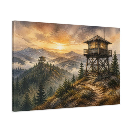 Rustic Fire Lookout At Sunrise Canvas Print – Living Room, Above Sofa, Warm Golden Earth Tones - YesArtYes