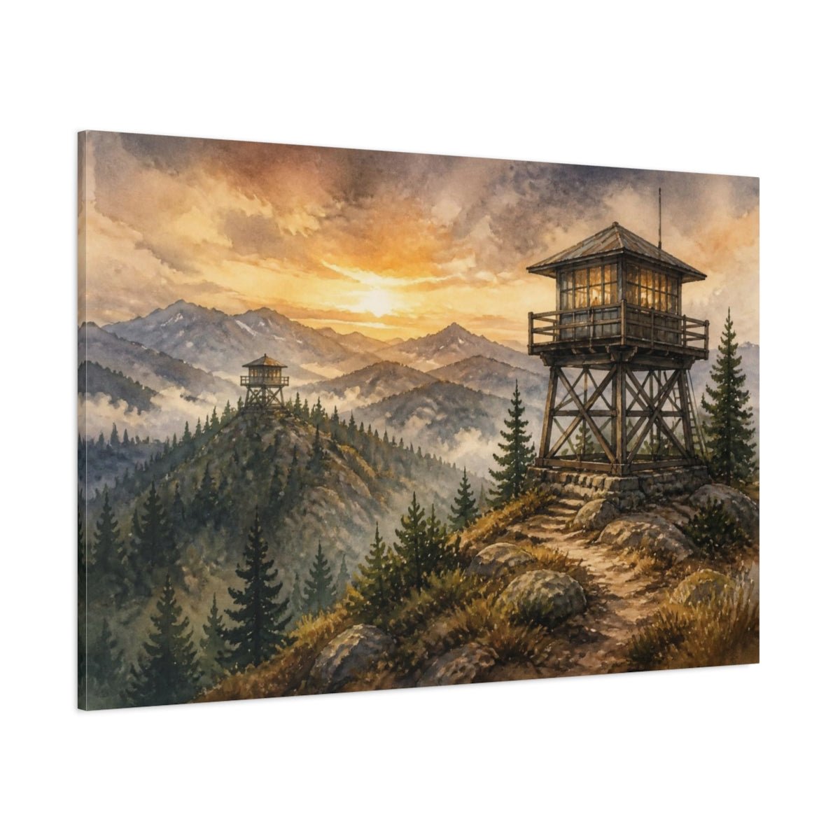 Rustic Fire Lookout At Sunrise Canvas Print – Living Room, Above Sofa, Warm Golden Earth Tones - YesArtYes