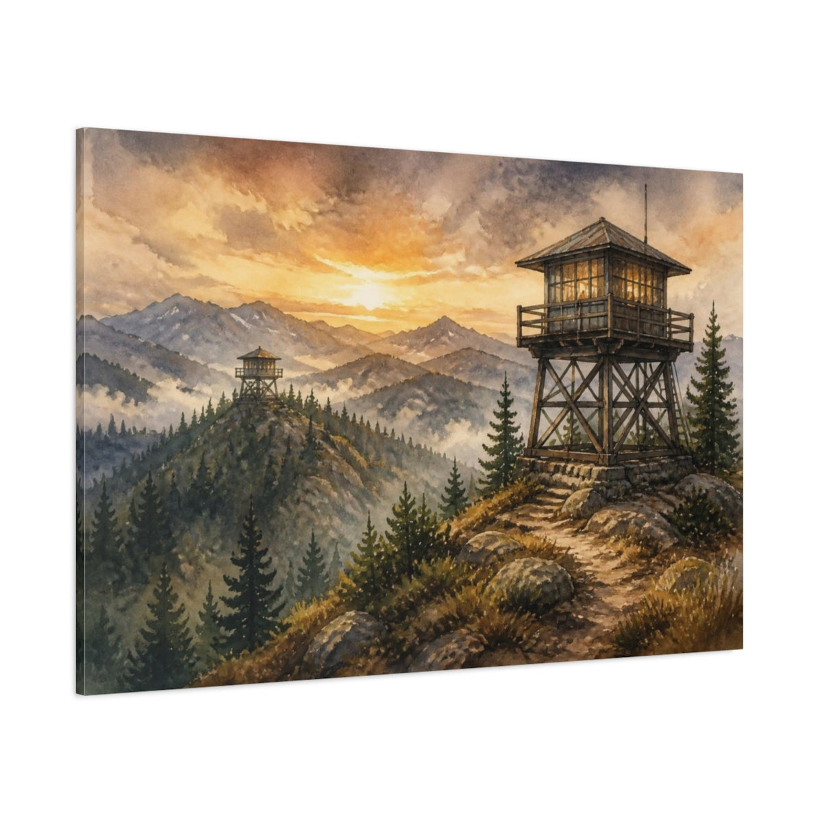 Side Mockup 1. Rustic Fire Lookout At Sunrise shown as canvas print