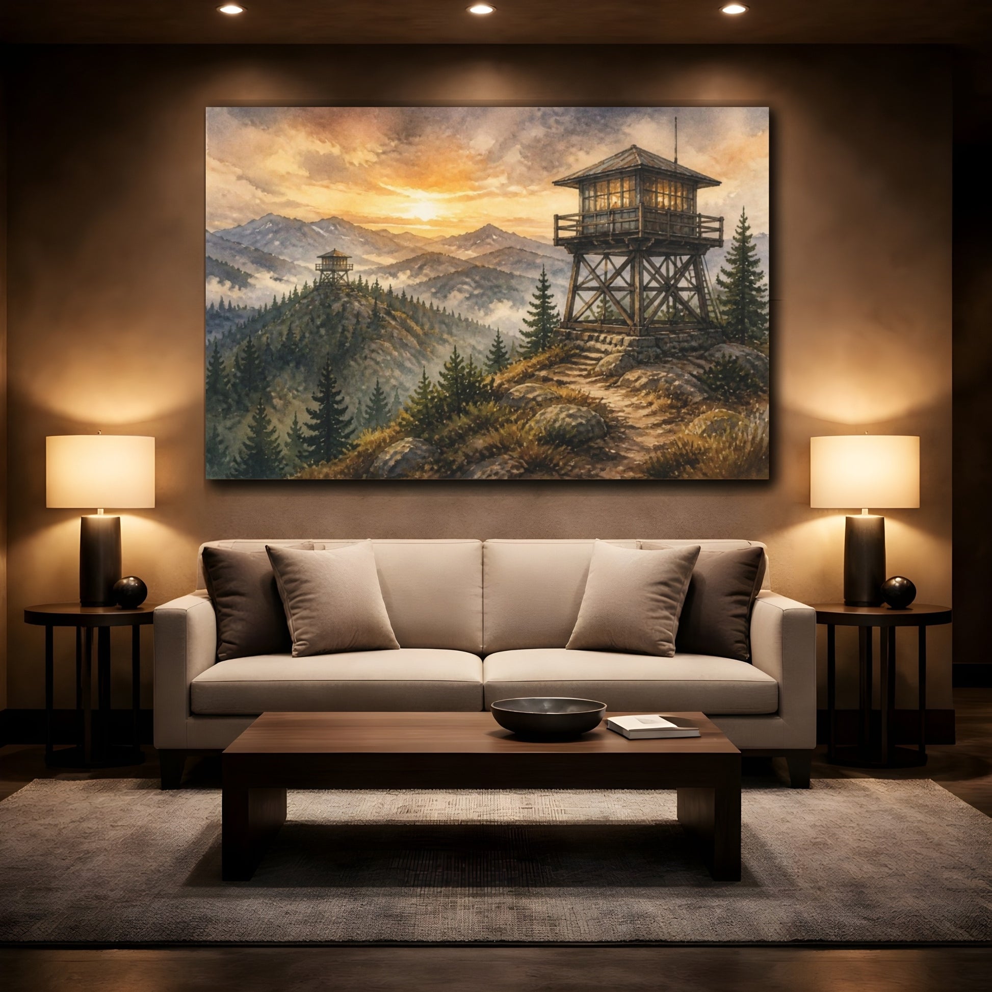 Mockup 2. Rustic Fire Lookout At Sunrise shown as canvas print