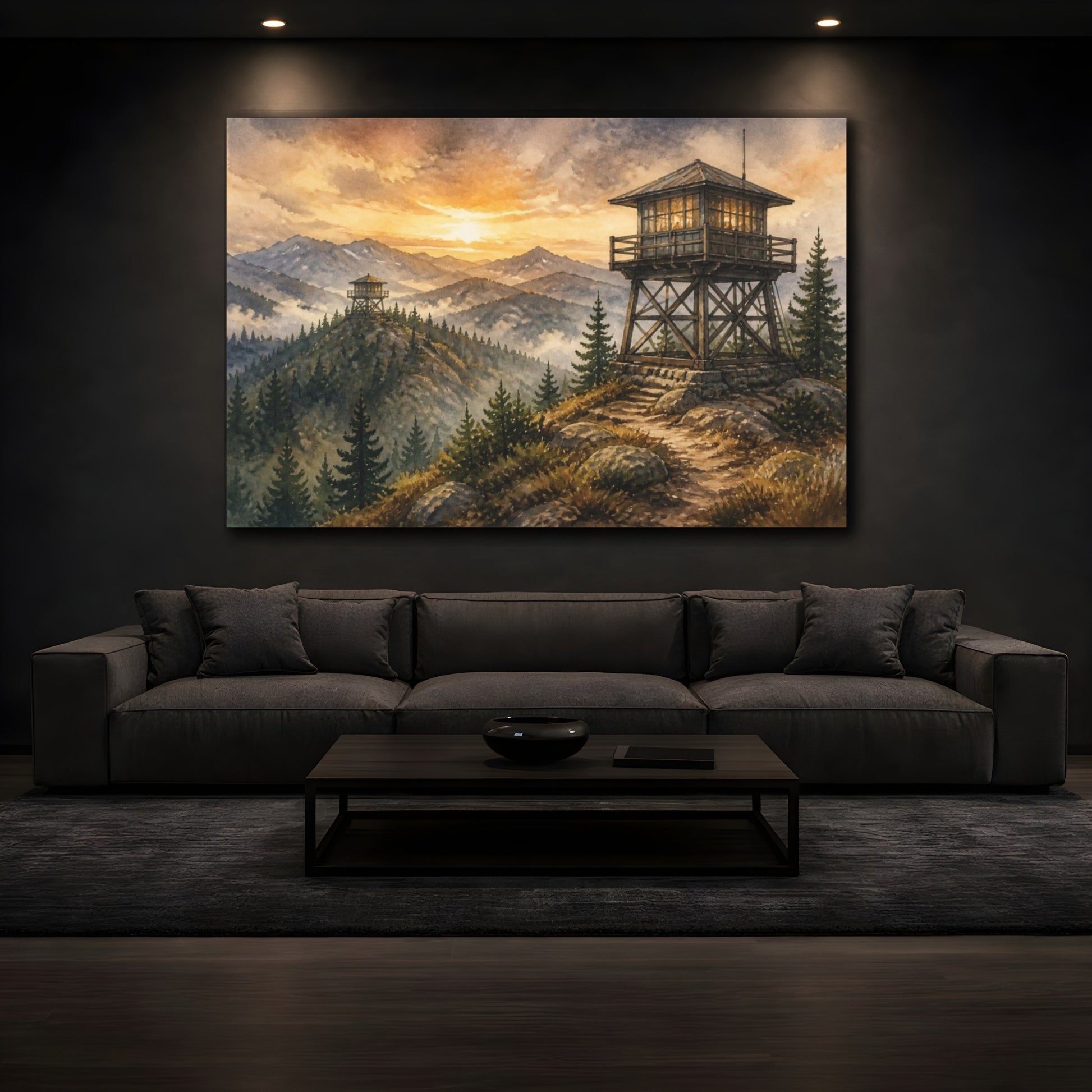 Mockup 3. Rustic Fire Lookout At Sunrise shown as canvas print