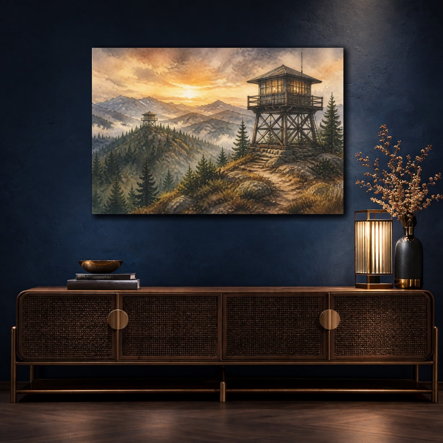 Mockup 4. Rustic Fire Lookout At Sunrise shown as canvas print
