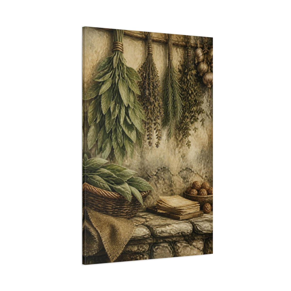 Side Mockup 1. Rustic Hanging Herb Bundles shown as canvas print