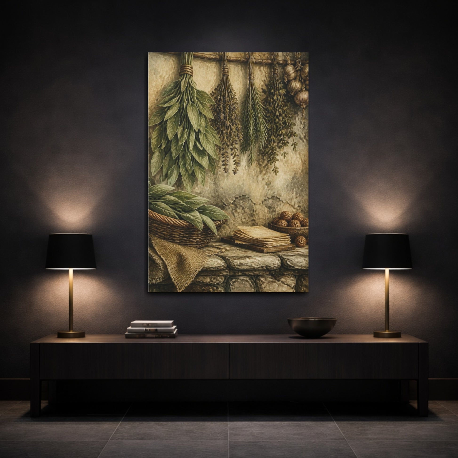 Mockup 3. Rustic Hanging Herb Bundles shown as canvas print