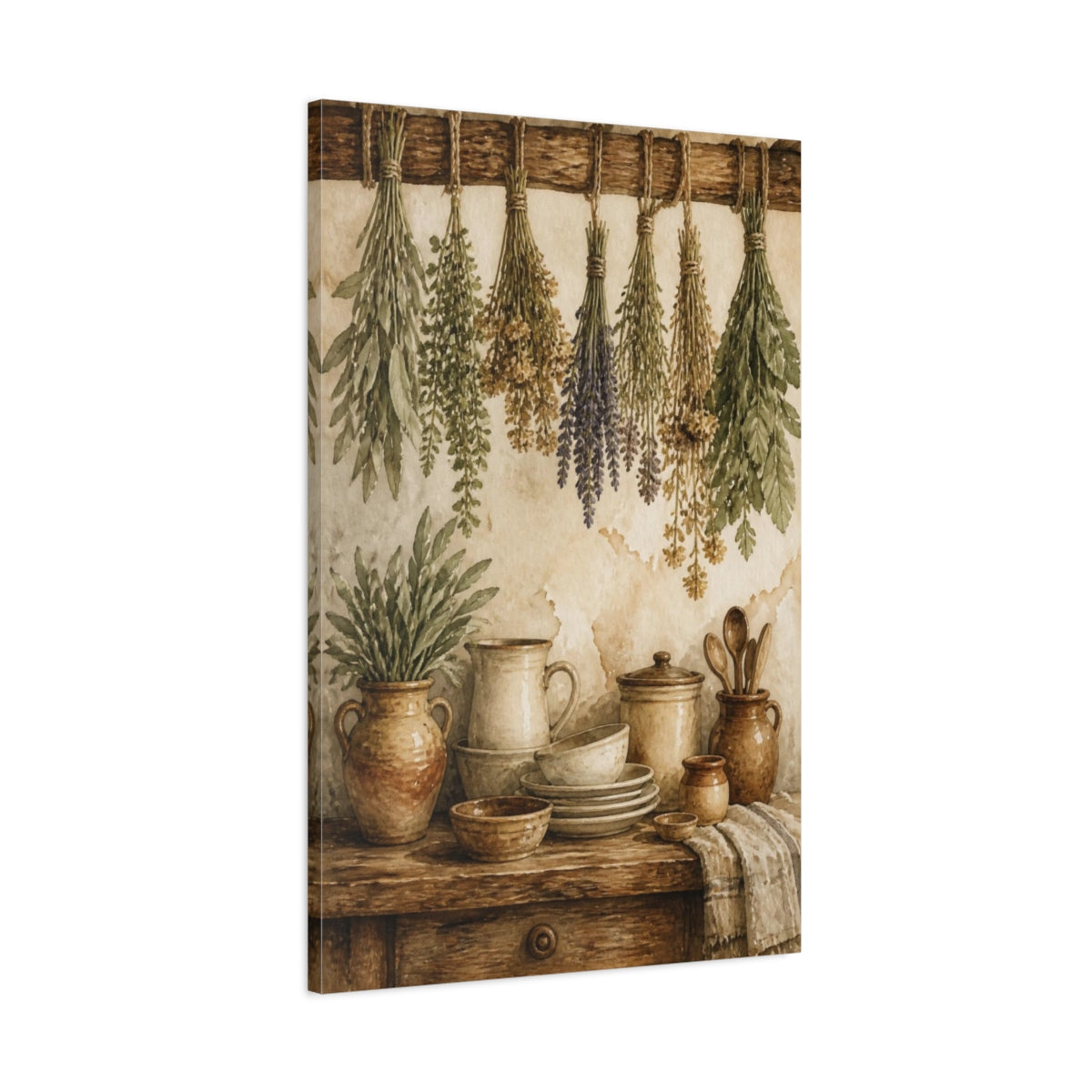Main Mockup. Rustic Hanging Herbs & Crockery shown as canvas print