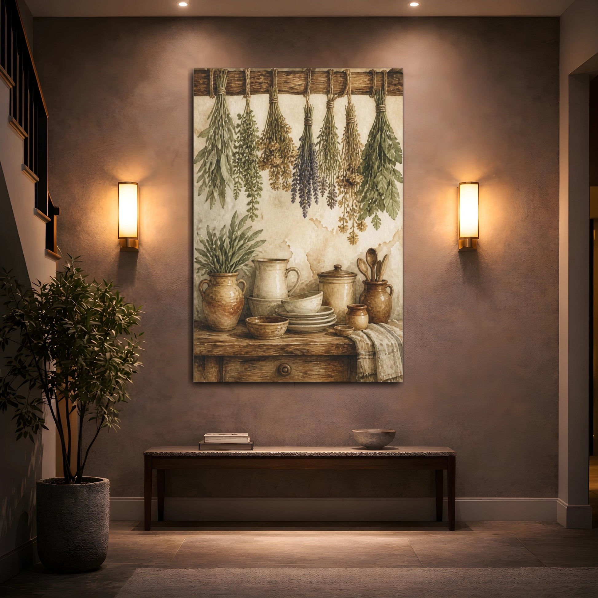Mockup 2. Rustic Hanging Herbs & Crockery shown as canvas print